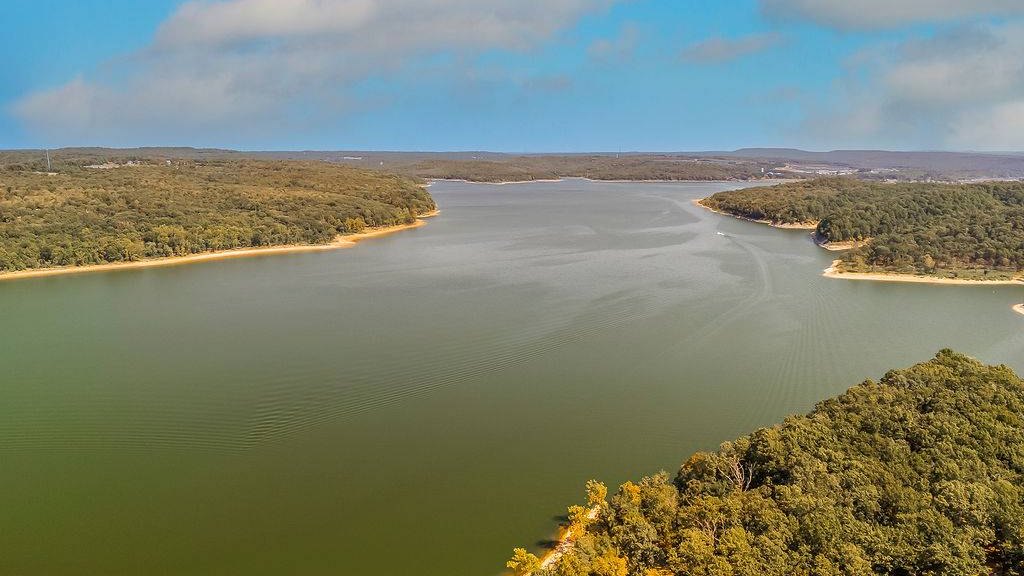Aerial view of Lake Tenkiller winding between wooded shorelines in the Cookson Hills of Oklahoma